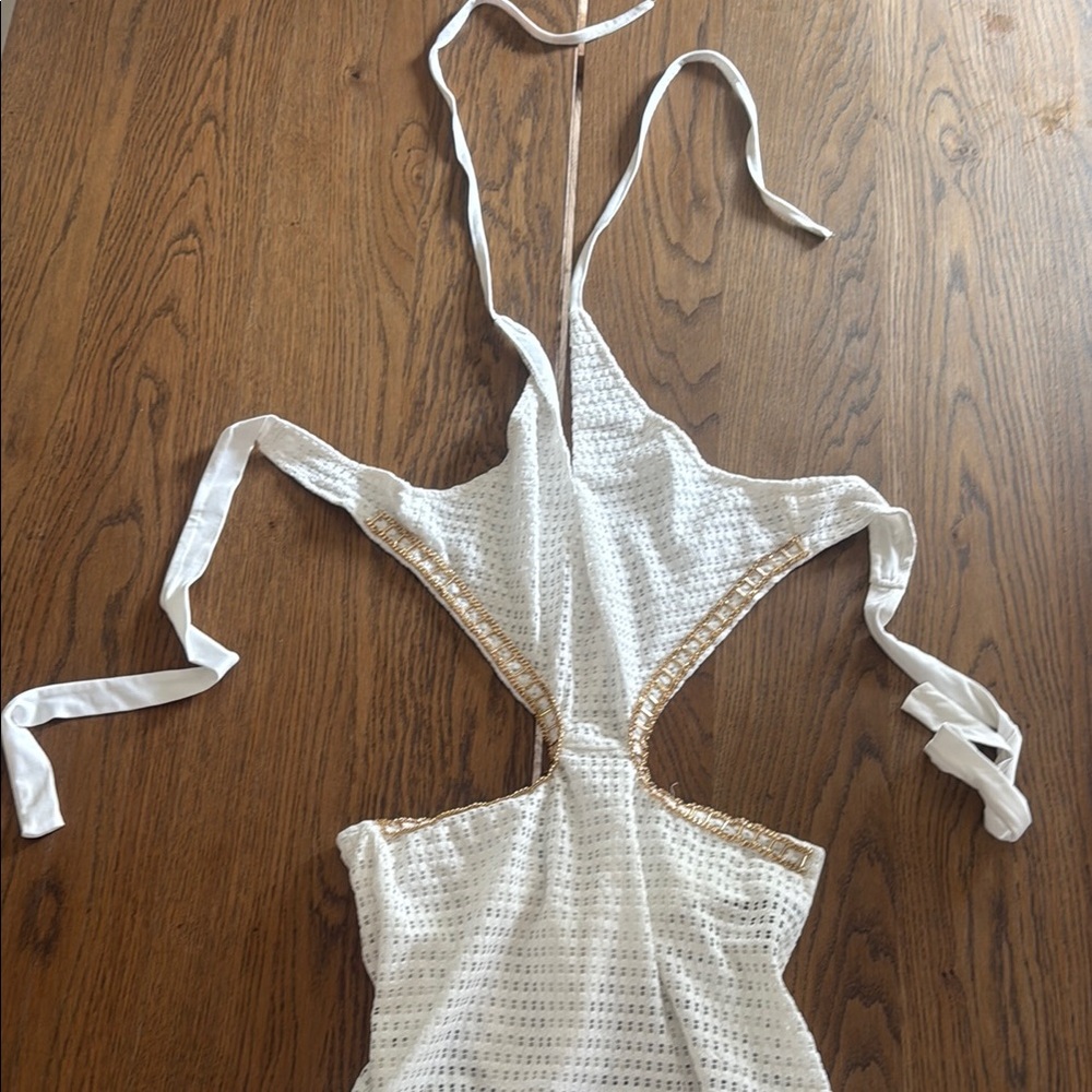 12th Tribe White Crochet Maxi Dress with Gold Trim
